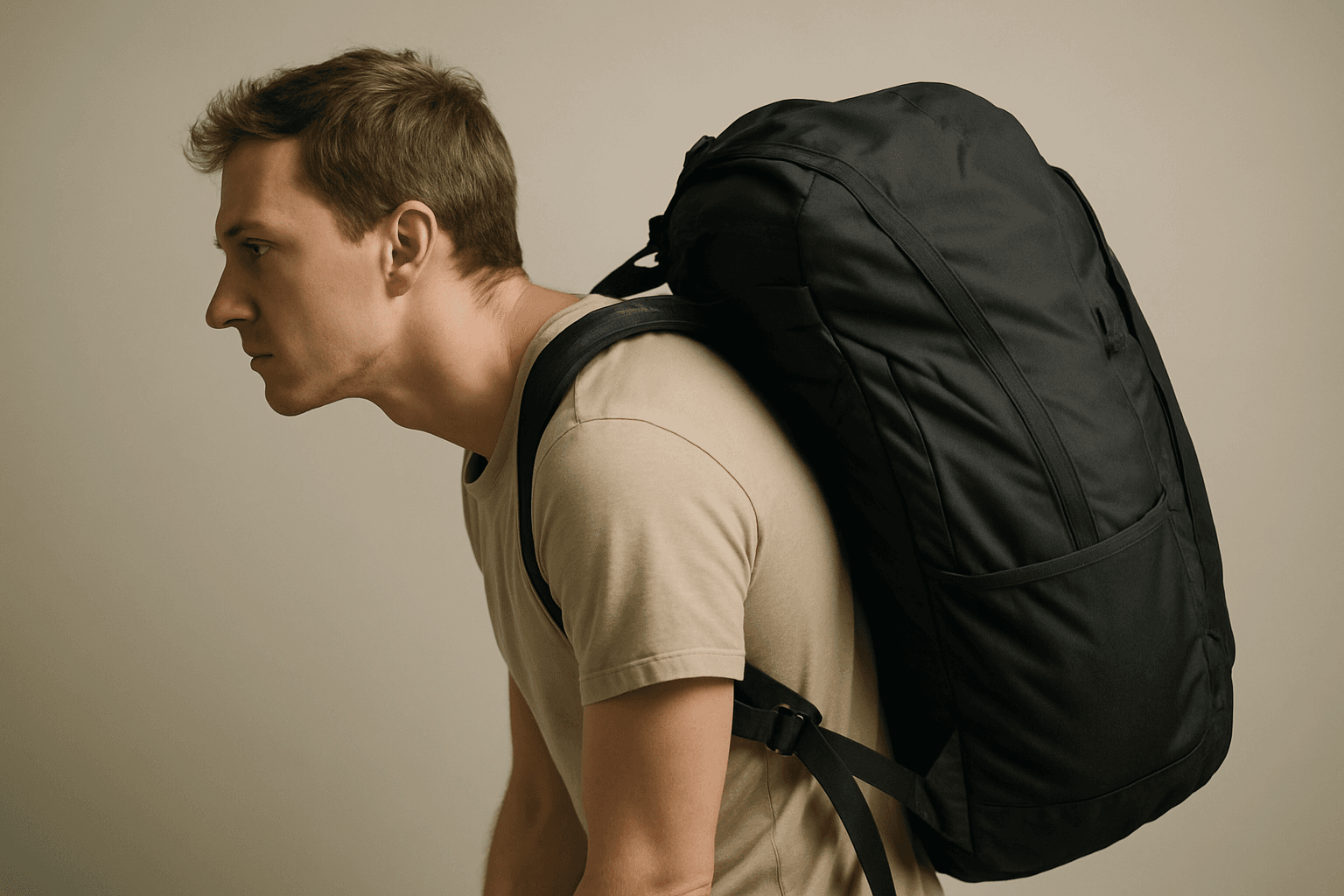 Person wearing a heavy backpack with visible forward lean and rounded shoulders