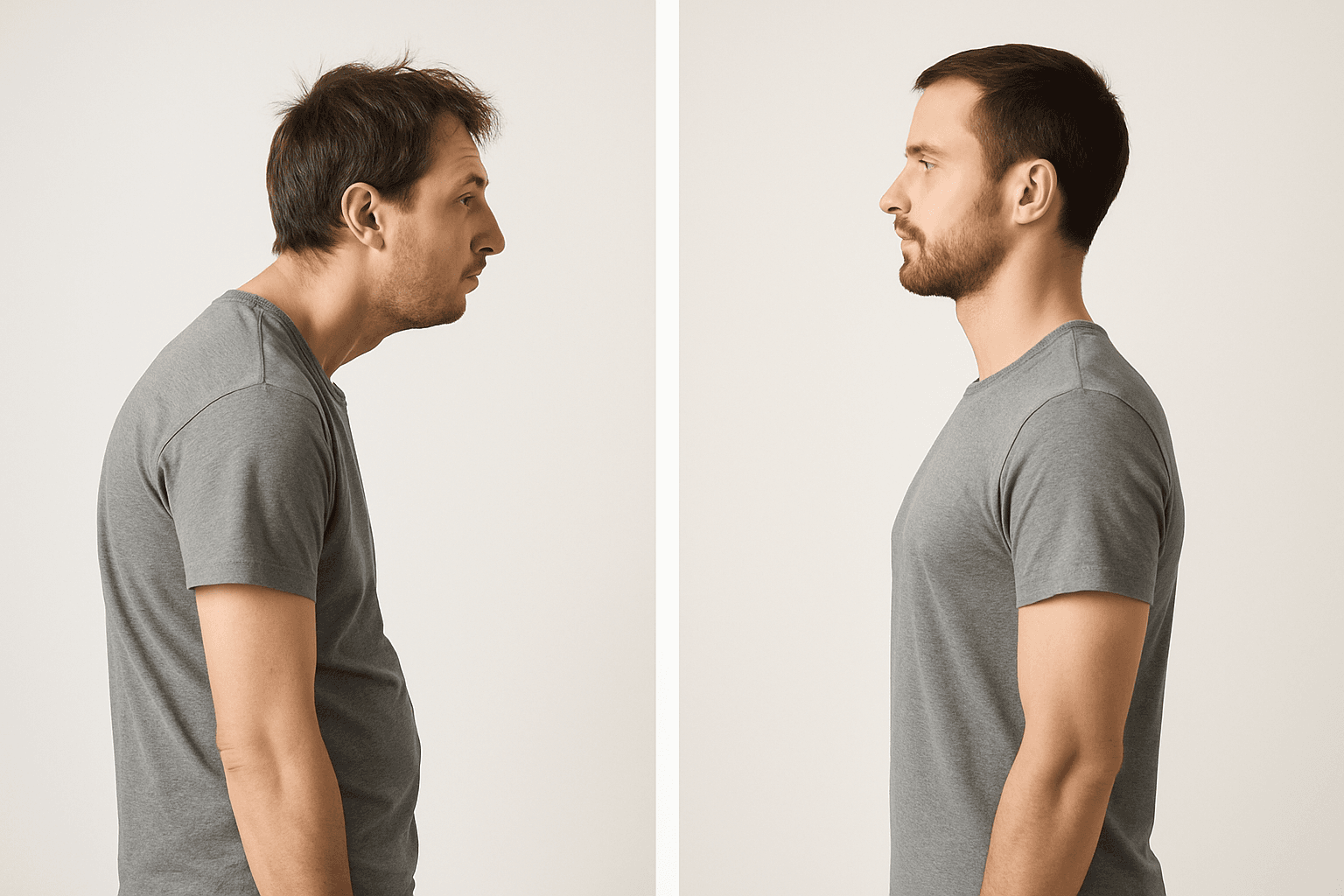 Person demonstrating forward rounded posture compared to corrected upright posture