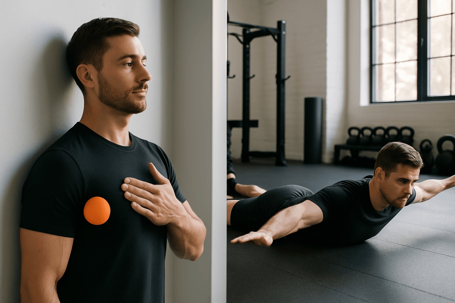 Release and activate: chest release with lacrosse ball and mid-back activation with prone Y-raise
