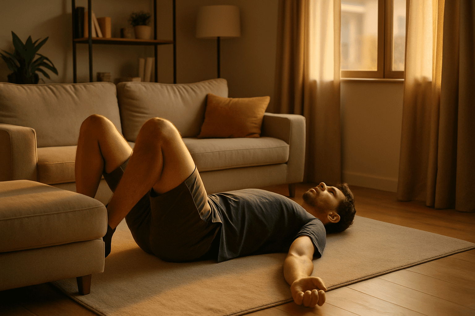After-work static back exercise on the living room floor