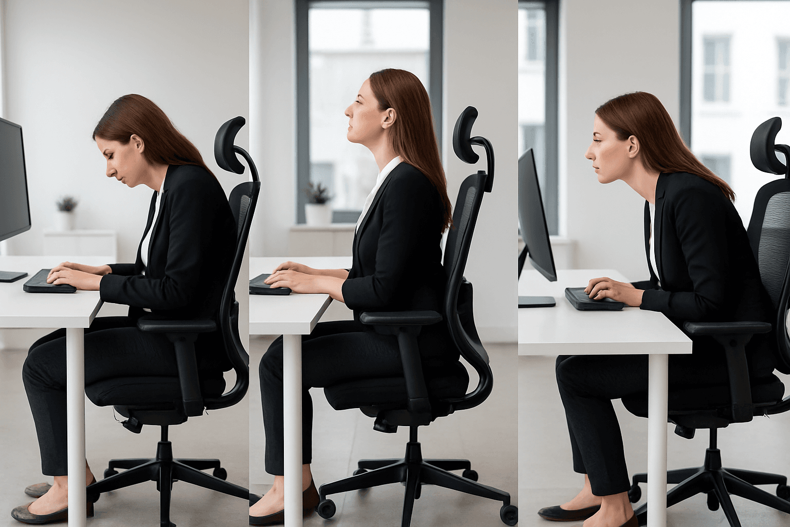 Three common desk posture patterns: the slouch, the overcorrection, and the lean