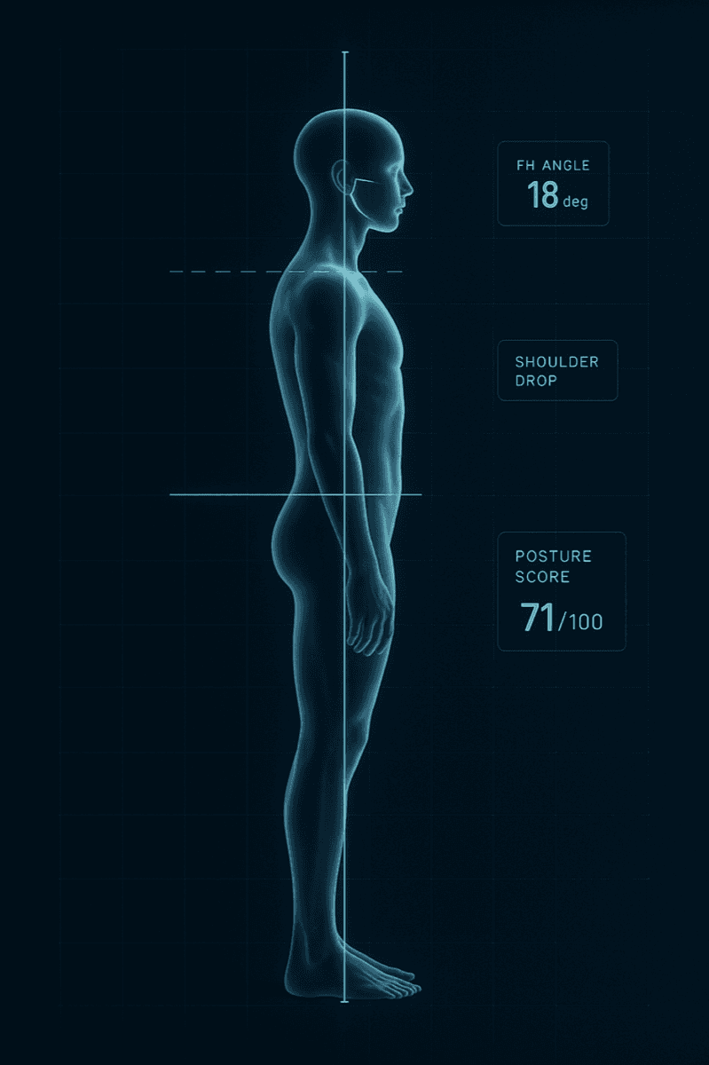AI posture analysis, side profile scan with measurement overlays showing forward head angle, shoulder alignment, and hip tilt