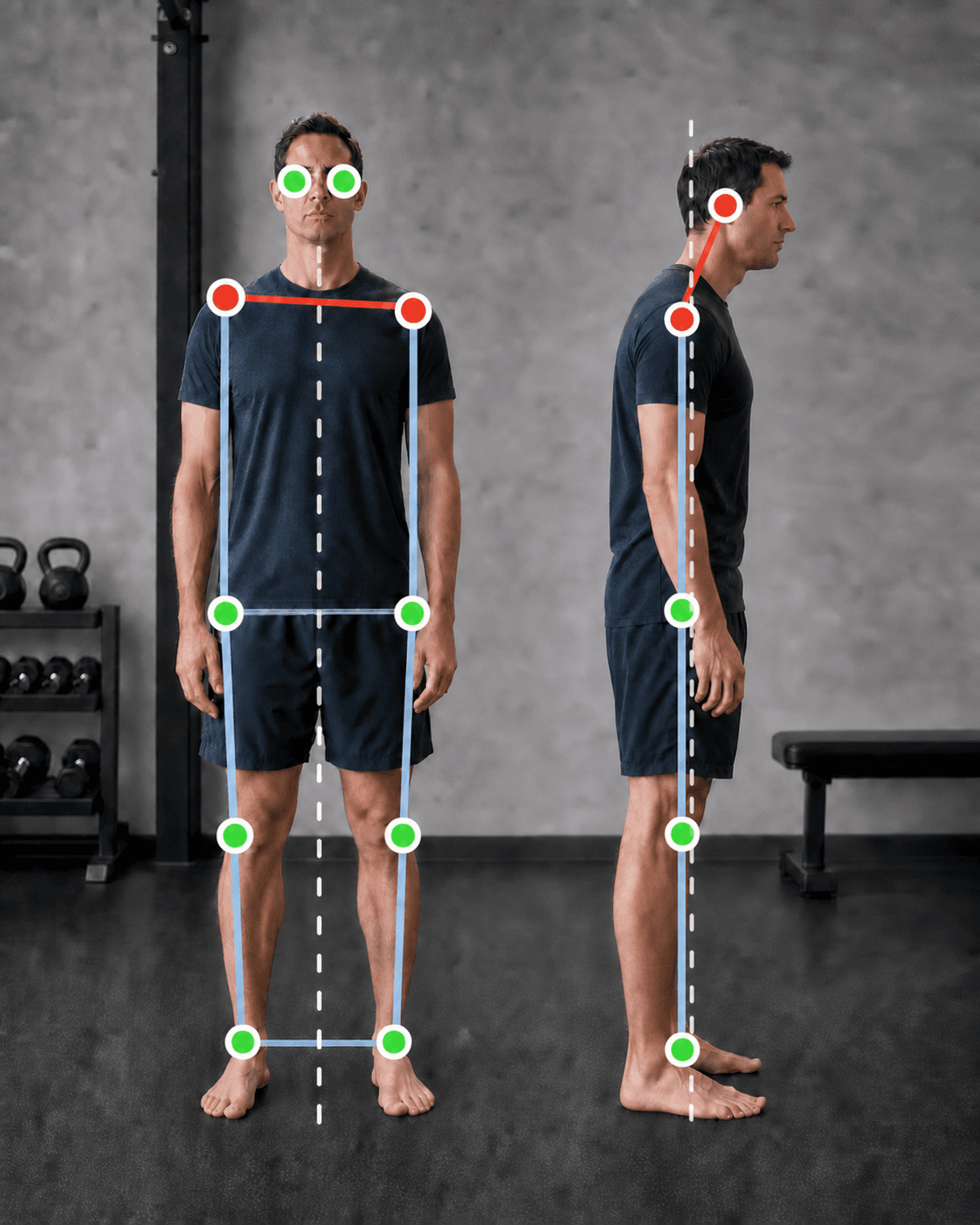 Posture analysis with front and side body-alignment measurements