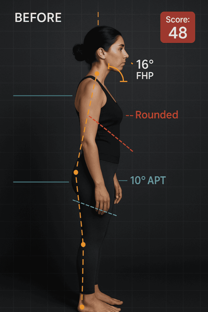 Side profile posture assessment showing forward head angle, rounded shoulders, and posture score