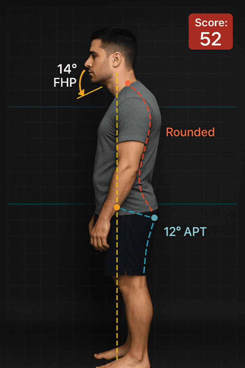 Posture check side profile showing forward head angle, rounded shoulders, and anterior pelvic tilt with a score of 52
