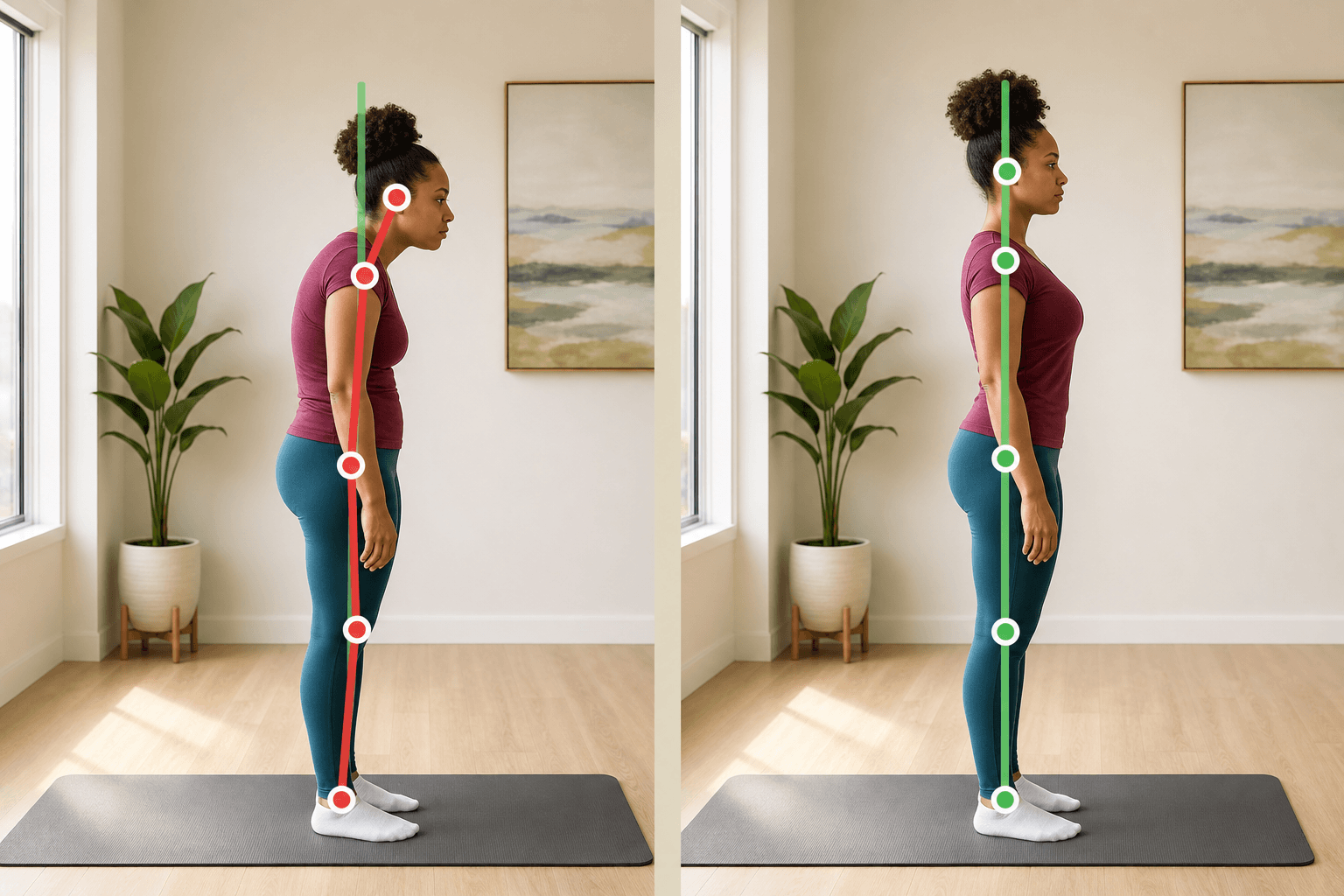 Illustrative baseline and recheck posture comparison with red and green alignment landmarks